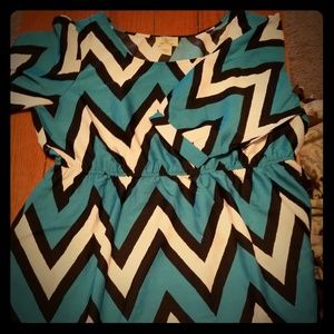 Teal white and black chevron synch waist dress